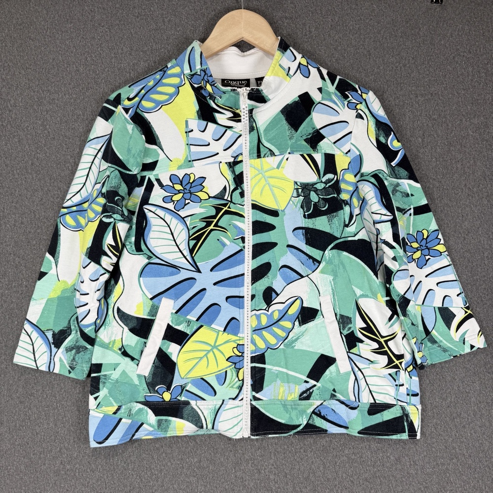 Onque Casual Jacket Womens PM Multicolor Floral Tropical Full Zip Rhinestone